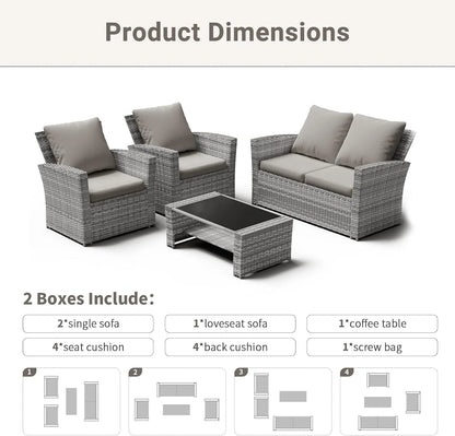 ELPOSUN Wicker Patio Furniture Set, 4 Piece Outdoor Sectional Conversation Sets, Gray PE Rattan Patio Sofa Set for Balcony, Porch, Backyard, Grey