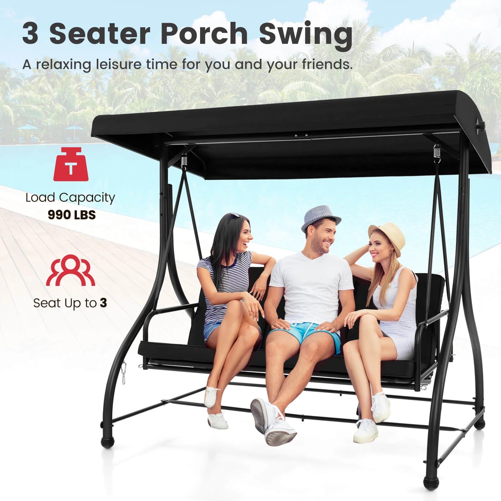 Costway 3-Seat Outdoor Converting Patio Swing Glider Adjustable Canopy Porch Swing Black