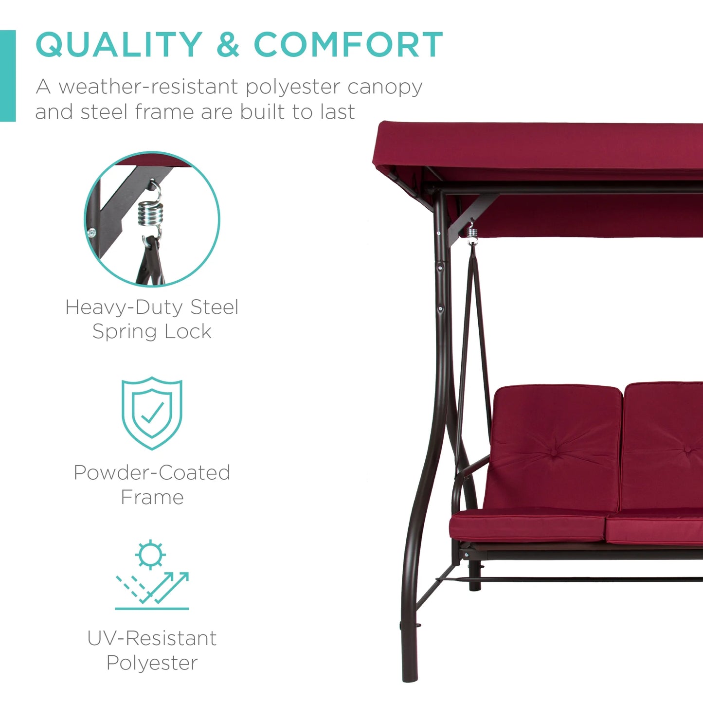 Best Choice Products 3-Seat Outdoor Converting Canopy Swing Glider Patio Hammock w/Removable Cushions - Burgundy