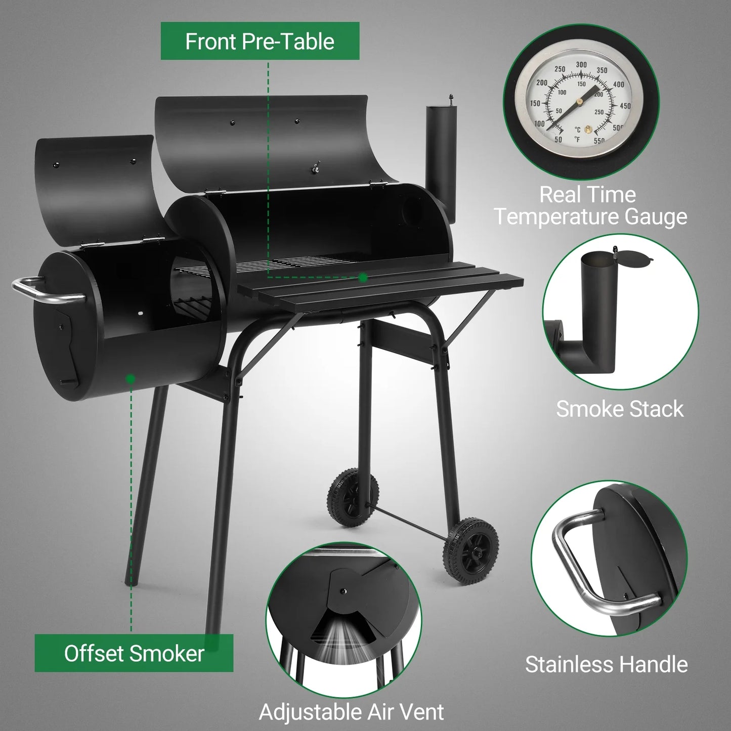 Qiushi Outdoor BBQ Charcoal Grill, Portable Camping Grill for 6-10 People with Offset Smoker & Wheels for Patio Backyard Picnic