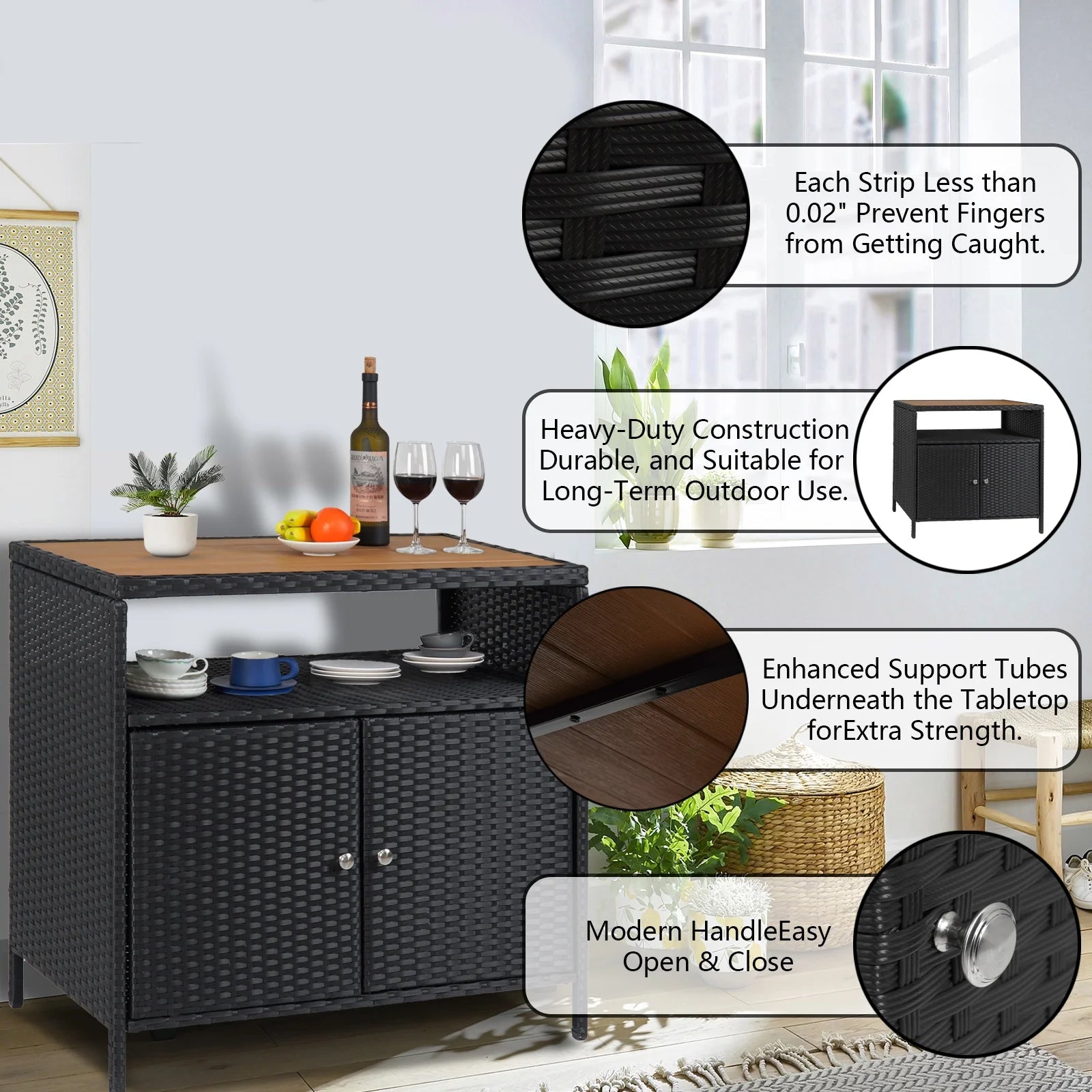 Faitaliicy Outdoor Wicker Rattan Storage Cabinet With Shelf Powder Coated Steel Patio Storage Box Bar Table With 2-Door Outdoor Freestanding Storage Unit For Patio Pool Garden Indoor Kitchen