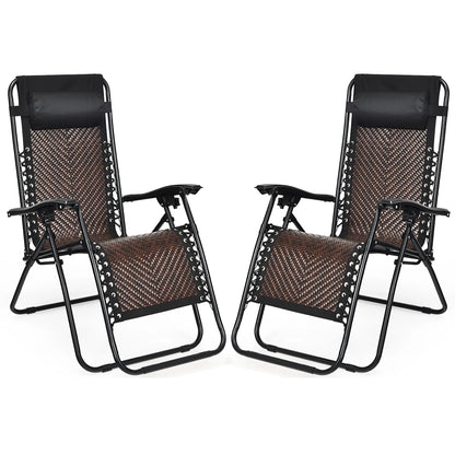 Costway 2PCS Patio Rattan Zero Gravity Lounge Chair Folding Recliner Headrest Brown