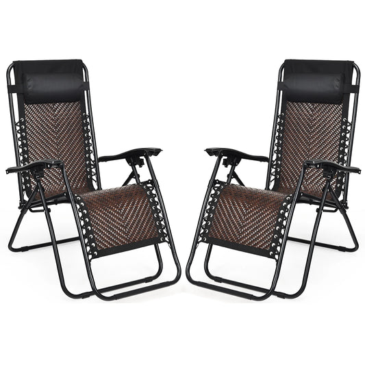 Costway 2PCS Patio Rattan Zero Gravity Lounge Chair Folding Recliner Headrest Brown