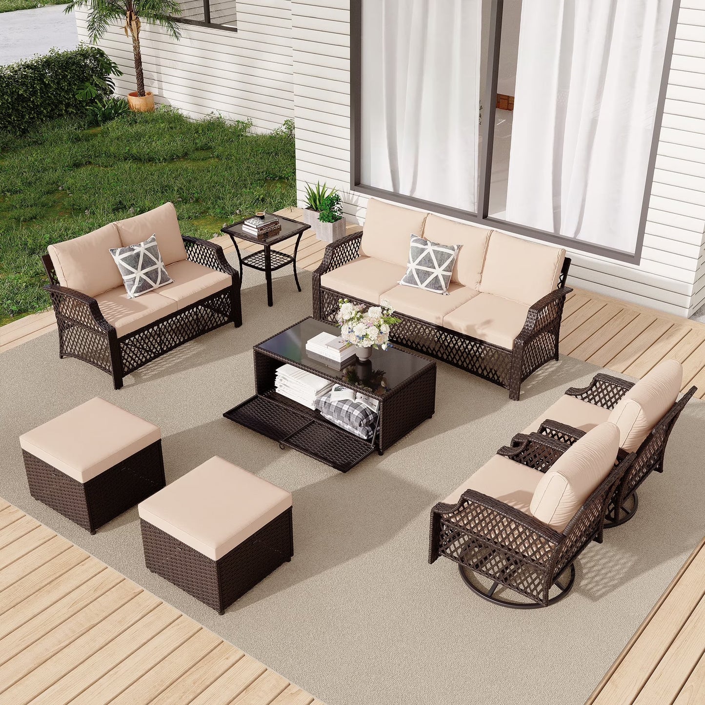 Vicluke 8 Piece Patio Furniture Set, Wicker Outdoor Conversation Sofa Set with Swivel Chairs, 2 Ottomans, Storage Coffee Table, Rattan Outdoor Sectional for Deck Backyard Porch 9 Seats, Khaki)