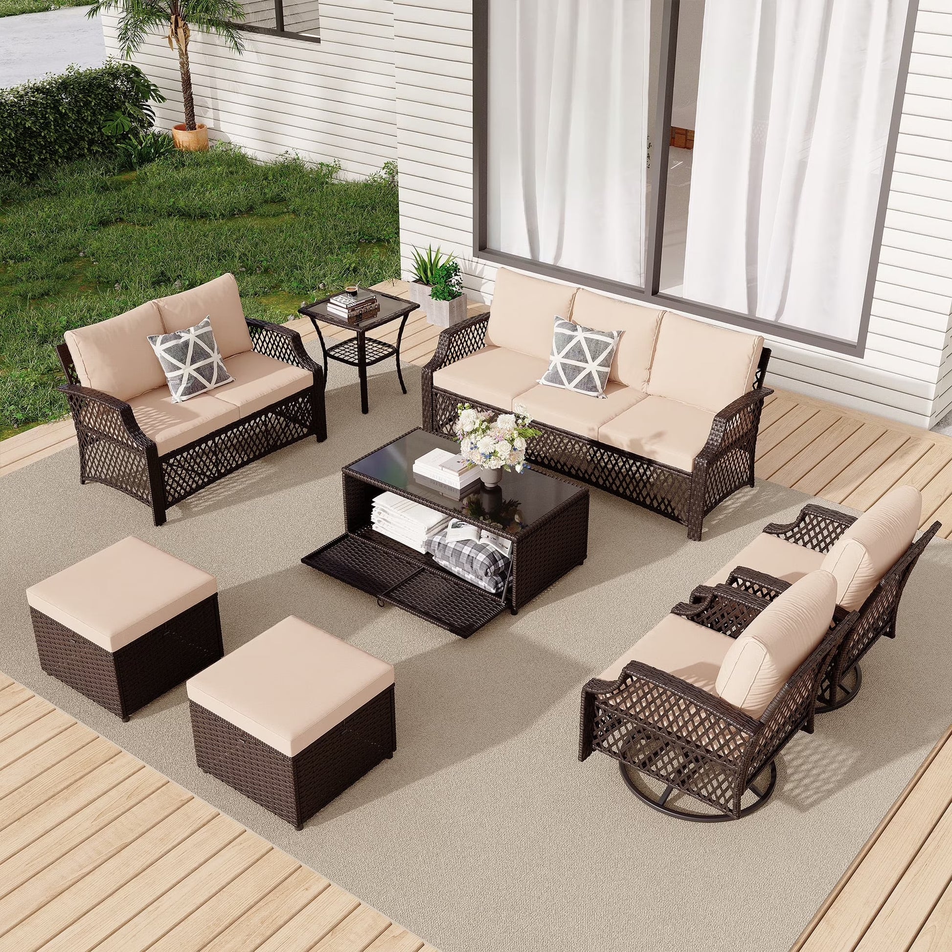 Vicluke 8 Piece Patio Furniture Set, Wicker Outdoor Conversation Sofa Set with Swivel Chairs, 2 Ottomans, Storage Coffee Table, Rattan Outdoor Sectional for Deck Backyard Porch 9 Seats, Khaki)