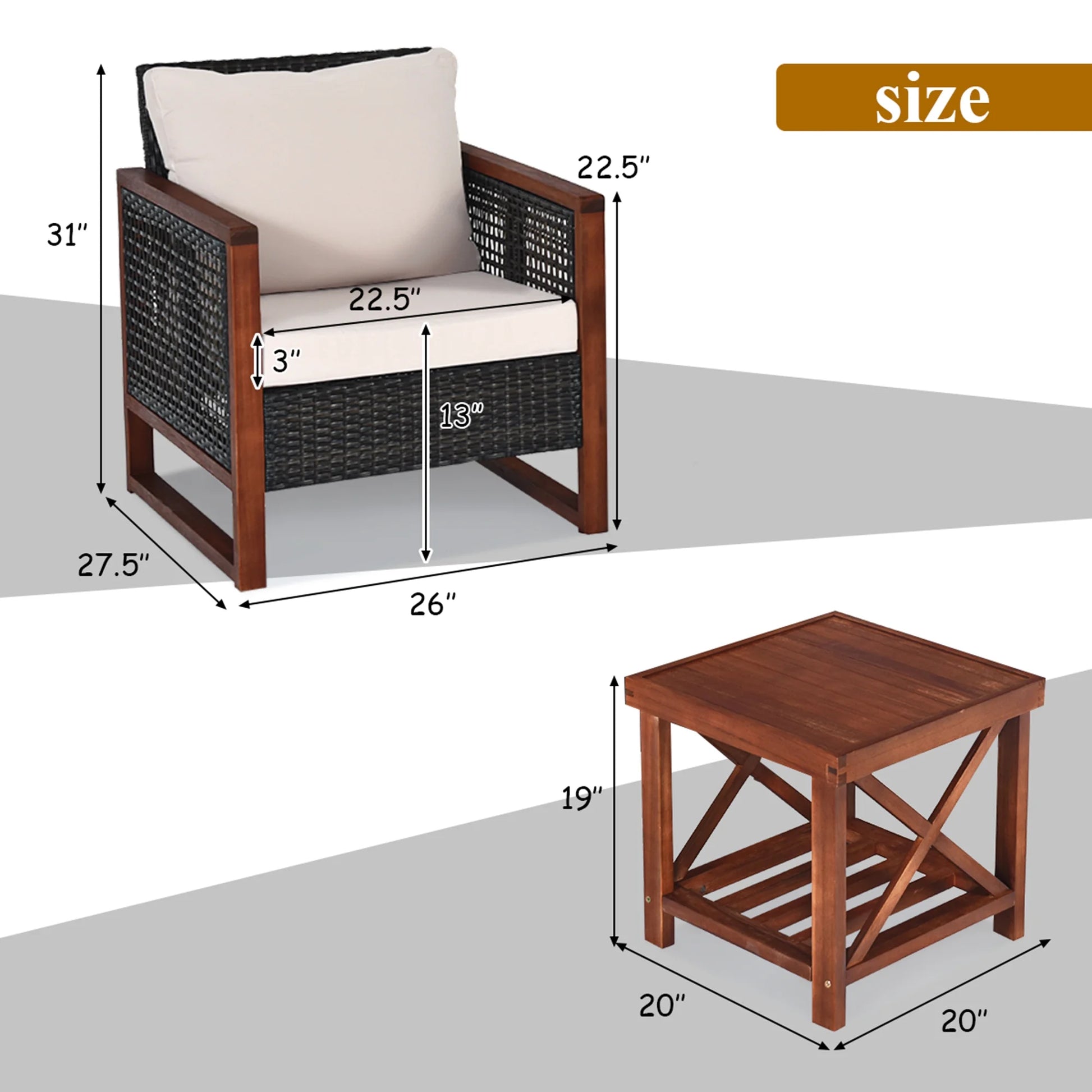 BLACK JAGUAR 3-Piece Patio Rattan Wicker Bistro Set Acacia Wood Frame Sofa and Side Table