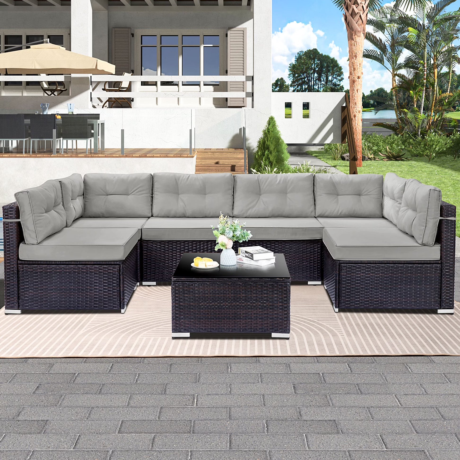 7 Piece Rattan Sectional Sofa Set, Outdoor Conversation Set, All-Weather Wicker Sectional Seating Group with Cushions & Coffee Table, Morden Furniture Couch Set for Patio Deck Garden Pool