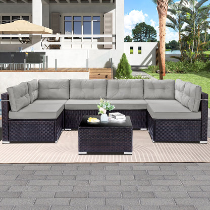 7 Piece Rattan Sectional Sofa Set, Outdoor Conversation Set, All-Weather Wicker Sectional Seating Group with Cushions & Coffee Table, Morden Furniture Couch Set for Patio Deck Garden Pool