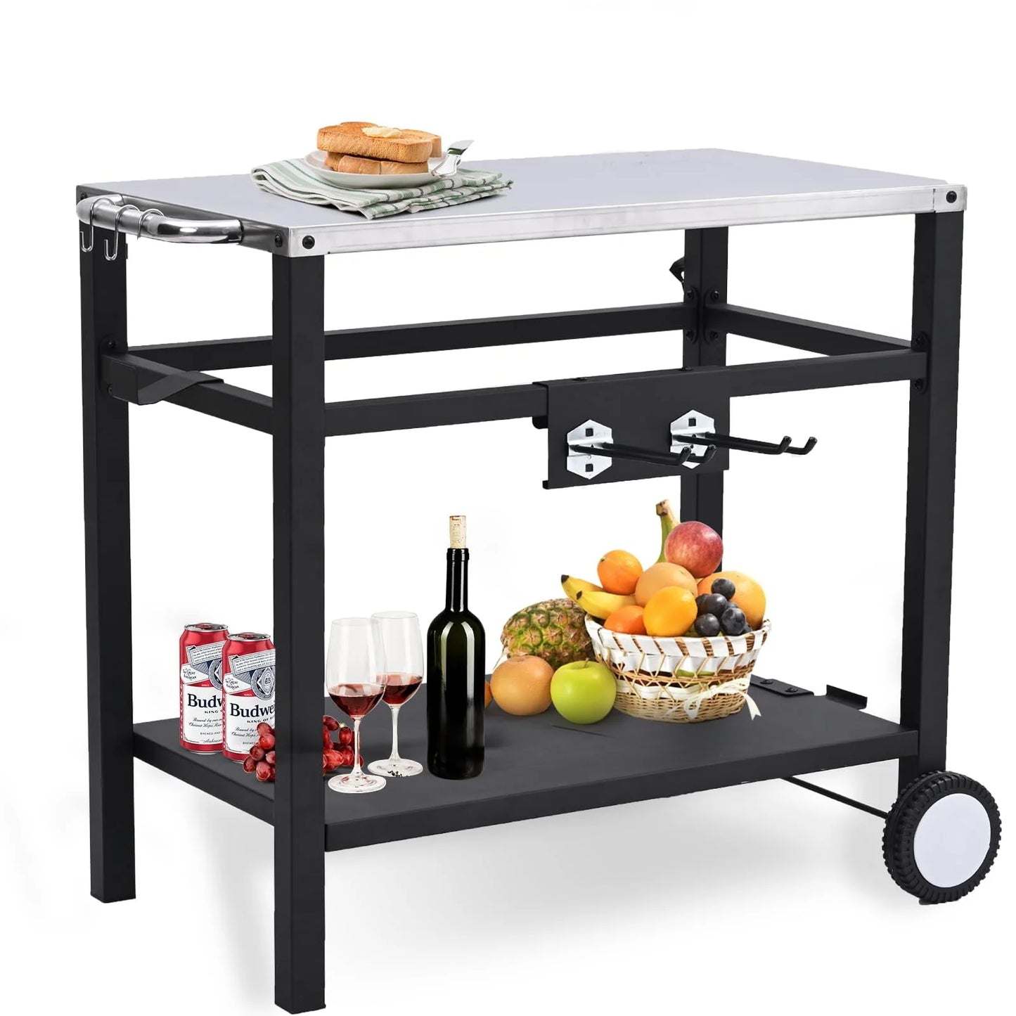 Dining Cart,Outdoor Grill Cart with Double-Shelf,with 4 Hooks, Side Handle,Wheels,Cooking Table for Outdoors, Kitchen or Backyard Patio, Movable BBQ Trolley,Multifunctional and Commercial