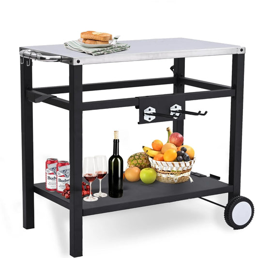 Dining Cart,Outdoor Grill Cart with Double-Shelf,with 4 Hooks, Side Handle,Wheels,Cooking Table for Outdoors, Kitchen or Backyard Patio, Movable BBQ Trolley,Multifunctional and Commercial