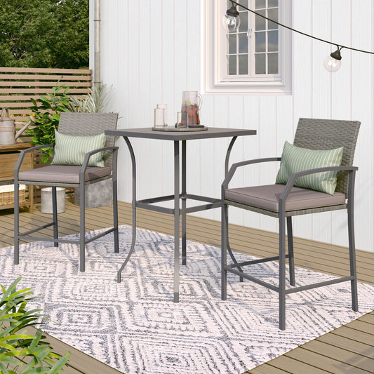 OC Orange-Casual Patio Bar Set, All-Weather Wicker, 2 Height Rattan Bar Stools with Wood Grain Top Coffee Table, for Porch, Garden, Bistro, Grey Cushion, 3-Piece