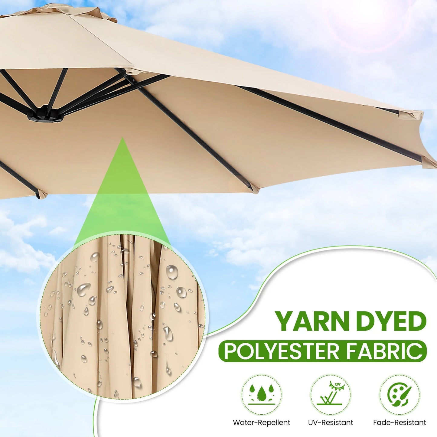 VIBESPARK 15ft Large Outdoor Umbrella Double-Sided Patio Umbrella with Base, Crank Handle, 12 Ribs Rectangular Umbrella for Patio Graden Poolside (Beige)