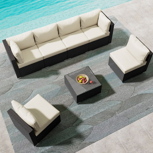 LAUSAINT HOME 7 Pieces Patio Conversation Set, Outdoor Sectional PE Rattan Wicker Furniture Seat (Beige)