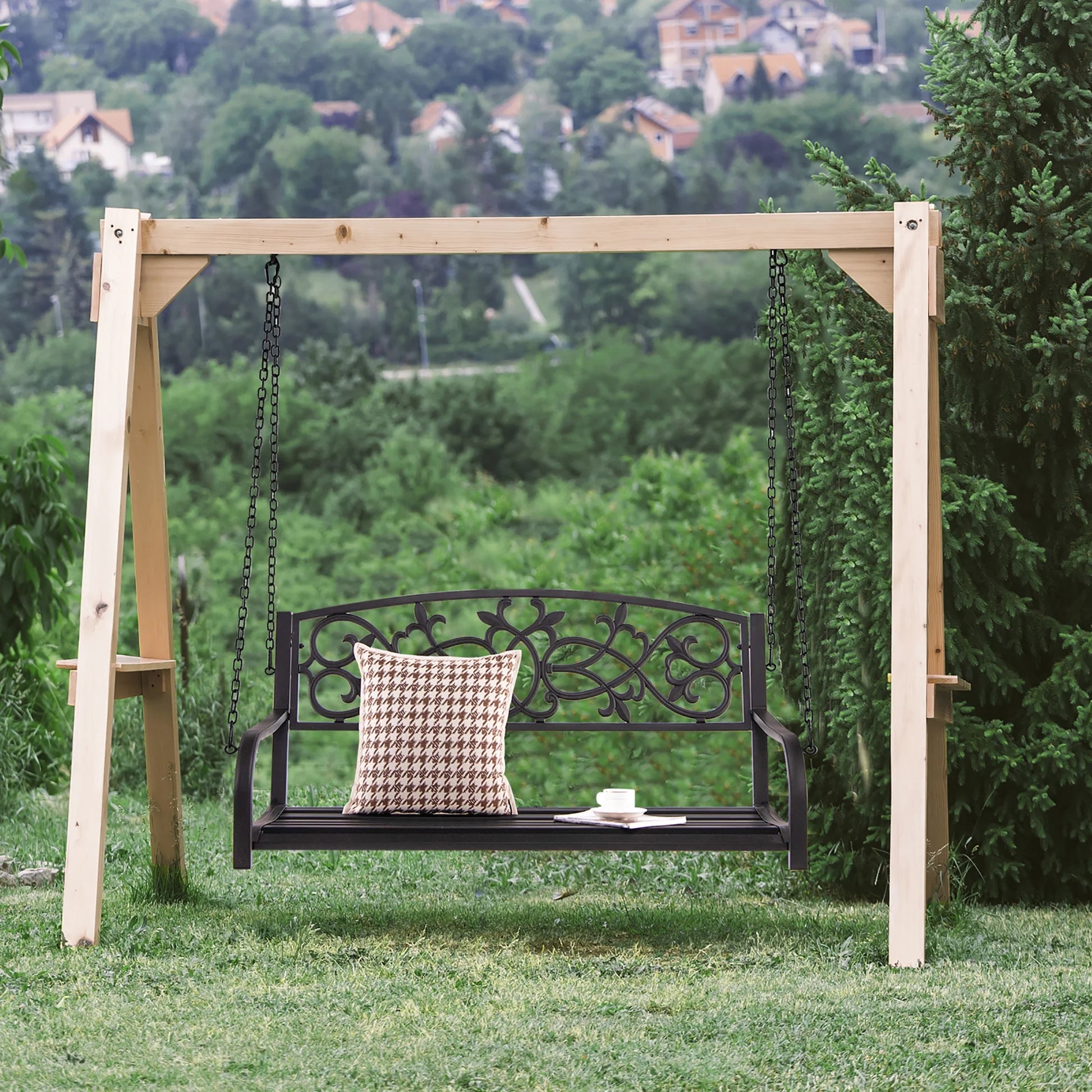 Costway 2-Person Metal Outdoor Porch Swing Hanging Patio Bench 485 Lbs Capacity Brown