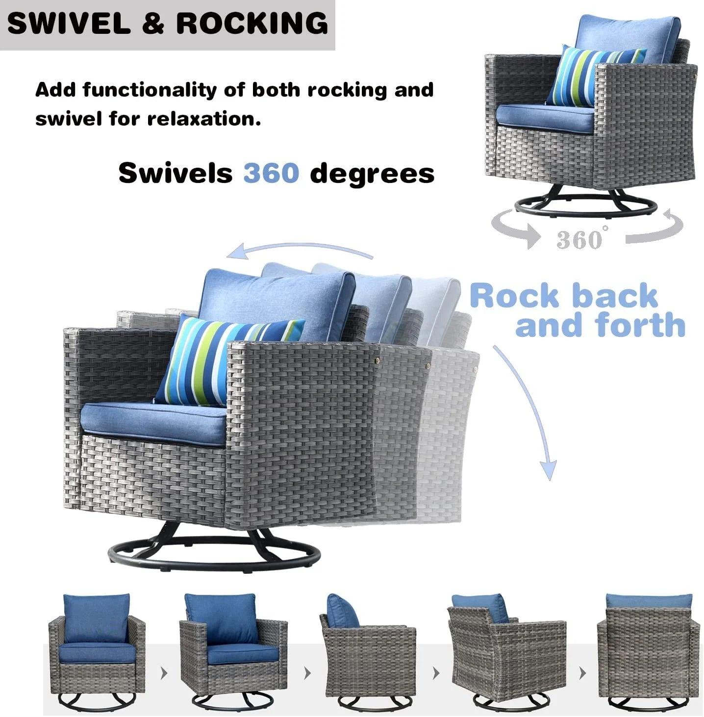 Ovios 10 Pieces Outdoor Patio Furniture with 360° Swivel Rocking Chairs All Weather Patio Sectional Sofa Set for Balcony