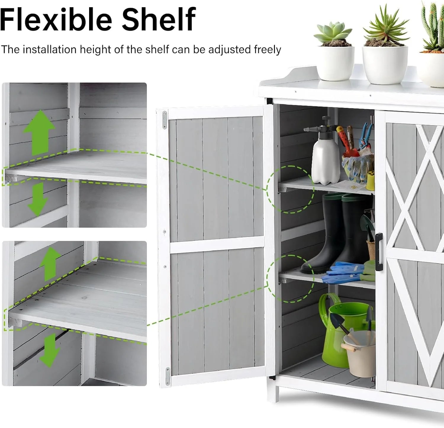Outdoor Potting Bench with Storage - 37" Tall Wooden Garden Workstation with Galvanized Metal Tabletop, Adjustable Shelves & Double Doors for Backyard, Patio, Garden (White).