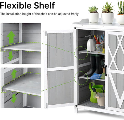 Outdoor Potting Bench with Storage - 37" Tall Wooden Garden Workstation with Galvanized Metal Tabletop, Adjustable Shelves & Double Doors for Backyard, Patio, Garden (White).