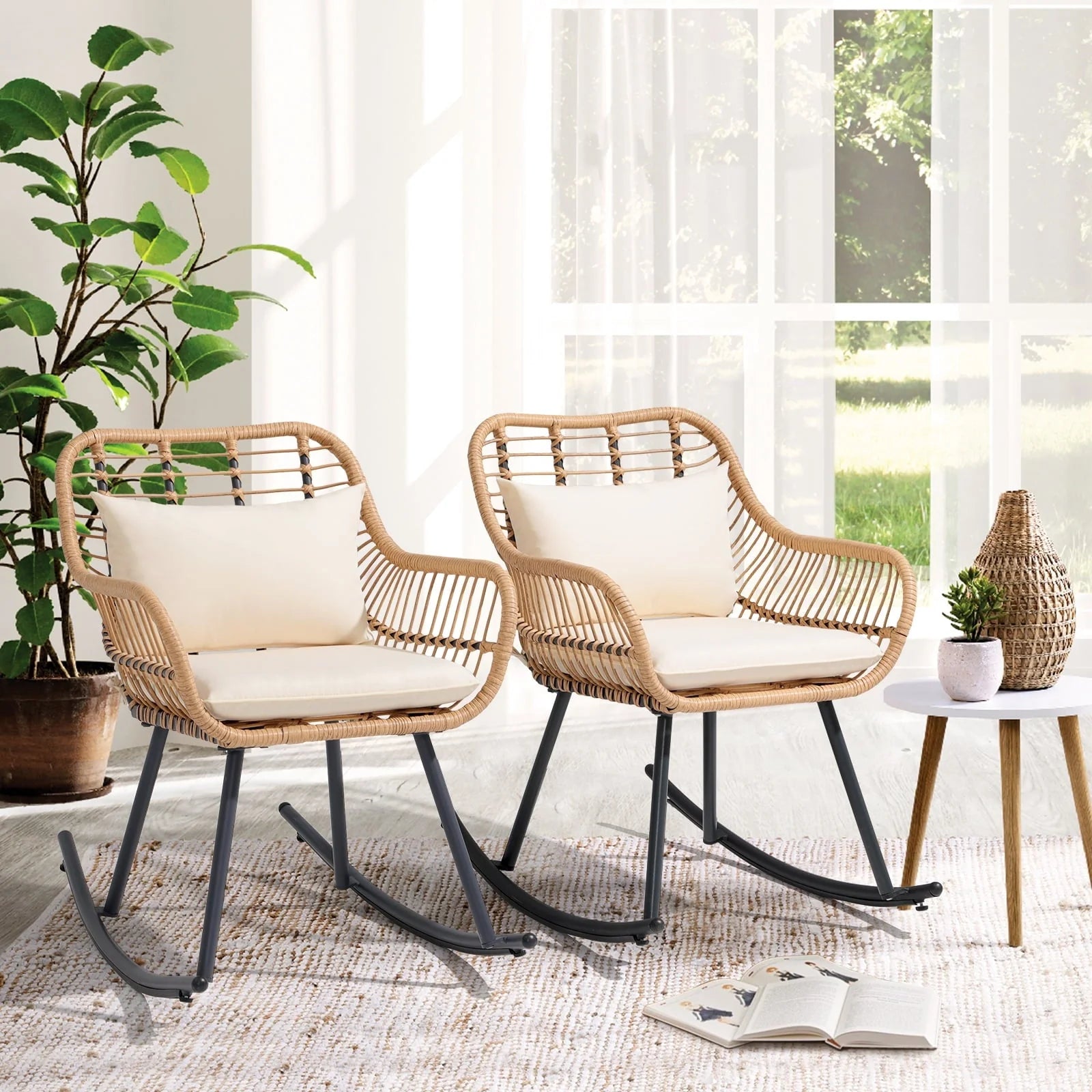JOIVI Patio Wicker Rocking Chairs Set of 2, Outdoor Rattan Rocking Chairs with Pillows and Cushions, Front Porch Rocker with Iron Frame for Outside Lawn Garden Indoor Balcony, White