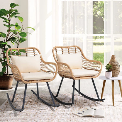 JOIVI Patio Wicker Rocking Chairs Set of 2, Outdoor Rattan Rocking Chairs with Pillows and Cushions, Front Porch Rocker with Iron Frame for Outside Lawn Garden Indoor Balcony, White