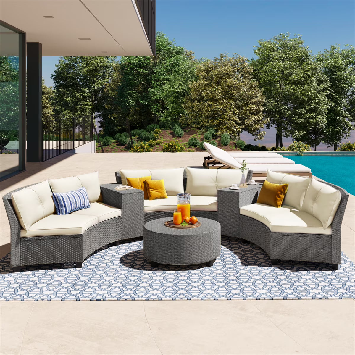 Highsound 6 Piece Patio Furniture Sets, All Weather PE Wicker Rattan Outdoor Sectional Sofa Conversation Couch with Glass Table, Cushions and Ottoman, for Lawn, Garden, Backyard, Beige