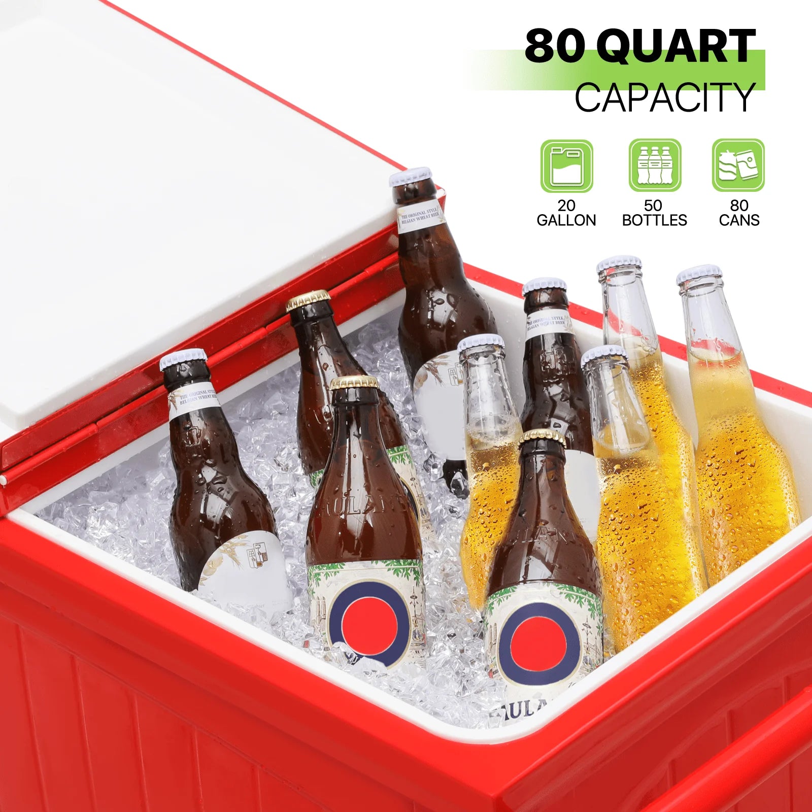 Magshion Rolling Patio Cooler Ice Chest with Wheels & Ice Scoop, Outdoor Cold Drink Beverage Bar Cart with Storage Shelf & Bottle Opener Deck Backyard Party Tub Trolley Cart, Red