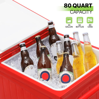 Magshion Rolling Patio Cooler Ice Chest with Wheels & Ice Scoop, Outdoor Cold Drink Beverage Bar Cart with Storage Shelf & Bottle Opener Deck Backyard Party Tub Trolley Cart, Red