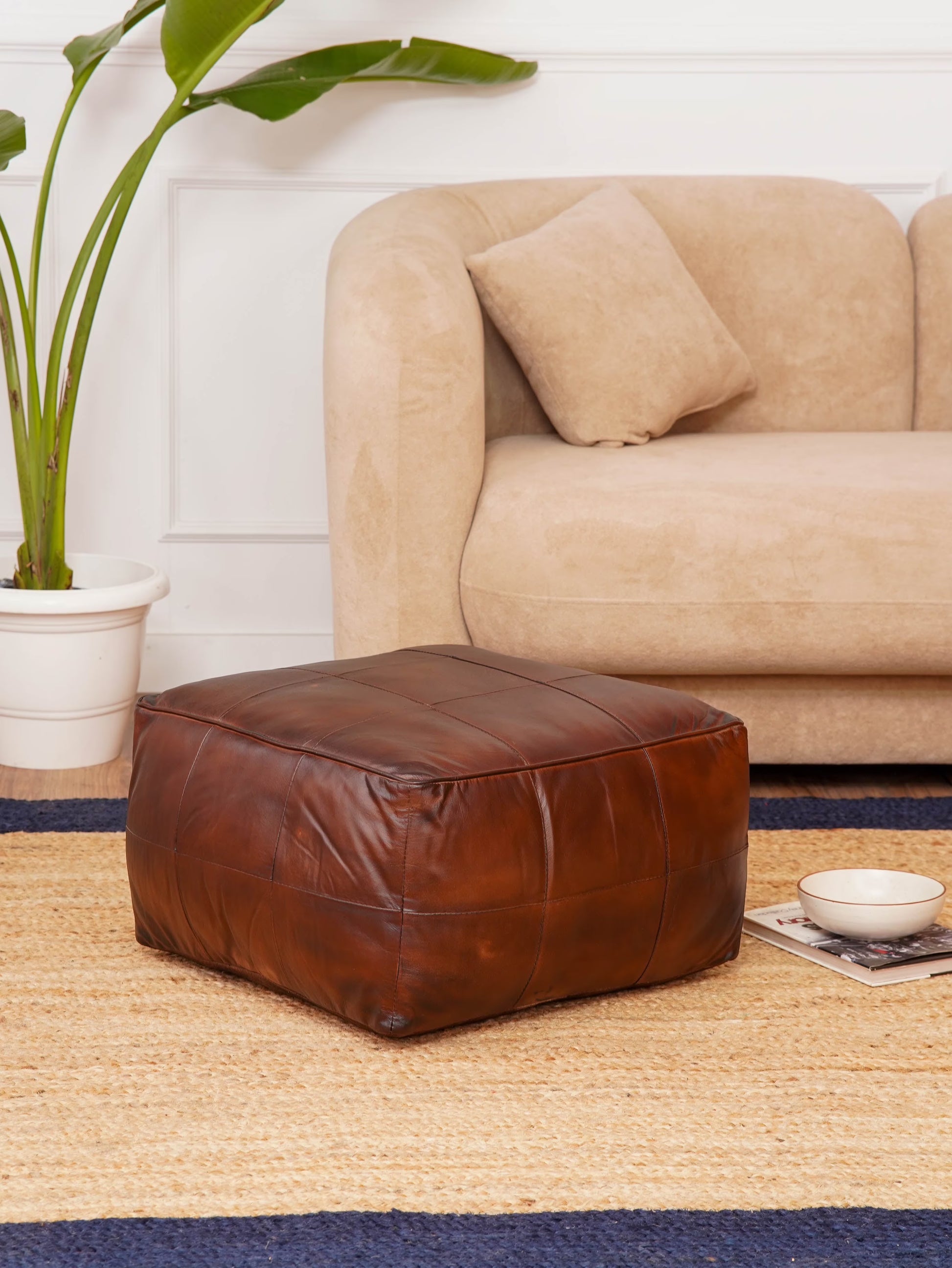 HANDMADE ECO-FRIENDLY ROUND SHAPED STUFFED LEATHER BLACK POUF - 14" x 14" x 14", Round Shape, Black Color, , Seating Pouf For Living Room, Study Room, Patio & Office