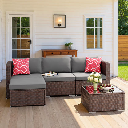 7 Piece Outdoor Patio Furniture Set, Asofer Rattan Wicker Outdoor Conversation Sectional Sofa Set, Gray