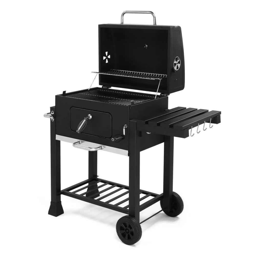 IVV Outdoor Charcoal Grill with Foldable Side Table, Moveable BBQ Grill w/Built-in Thermometer, Removeable Ash Rray Perfect for Picnics Patio Garden and Backyard Grilling, Black
