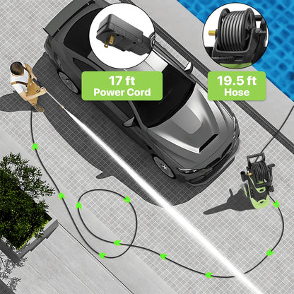 Magshion Electric Pressure Washer, 2180 PSI, Max. 1.5 GPM Power Washer with 19.5 ft Hose, 4 Nozzles, Foam Cannon and Hose Reel, for Patios Cars Fences Driveways, Green