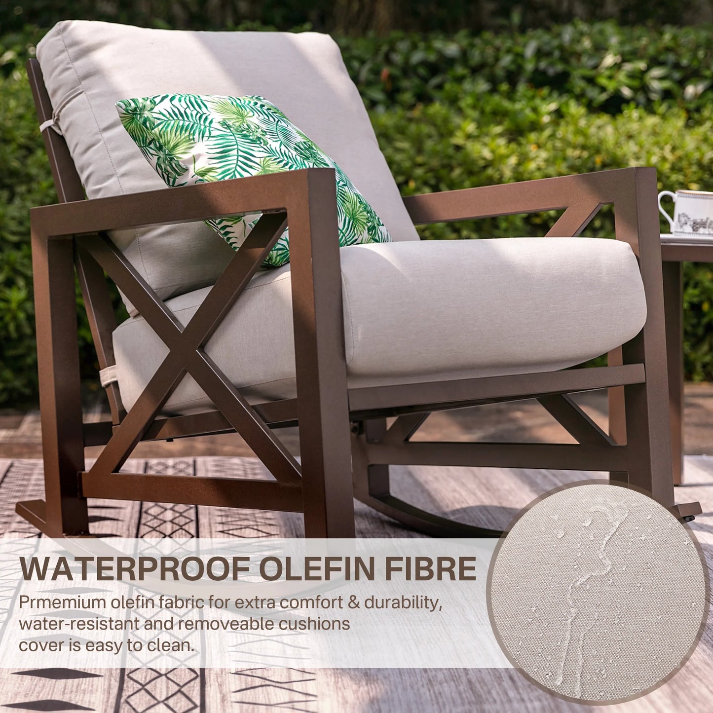NATURAL EXPRESSIONS Sunbrella Rocking Bistro Set, 3 Piece Outdoor Patio Conversation Furniture Set with 6.5'' Thick Cushions Wood Grain Finish Frame for Backyard,Porch,Poolside