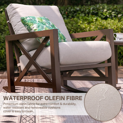NATURAL EXPRESSIONS Sunbrella Rocking Bistro Set, 3 Piece Outdoor Patio Conversation Furniture Set with 6.5'' Thick Cushions Wood Grain Finish Frame for Backyard,Porch,Poolside