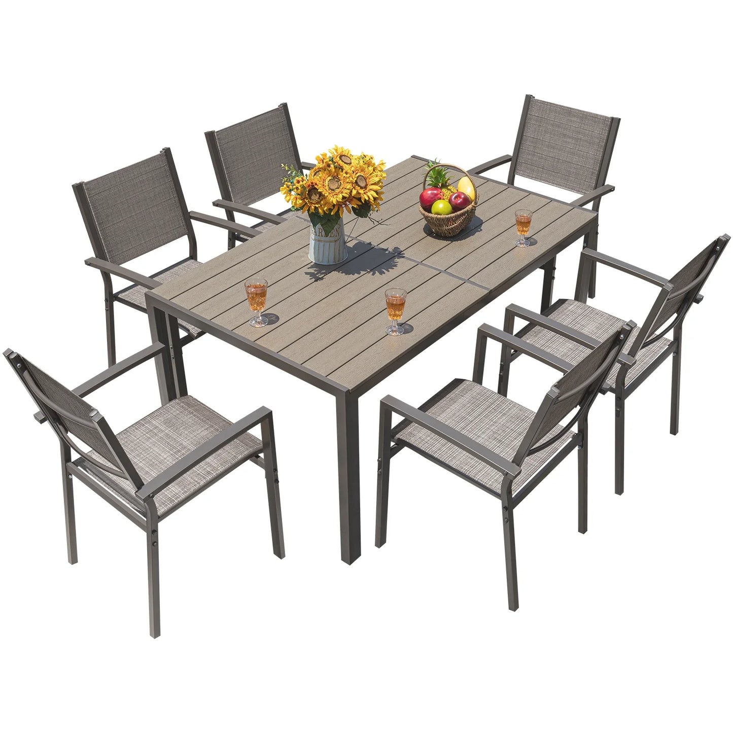 Devoko 7 Pieces Outdoor Dining Set ,Patio Conversation Set Outdoor Furniture Set 6 Stackable Textilene Armchairs with Rectangular Table, Light Gray