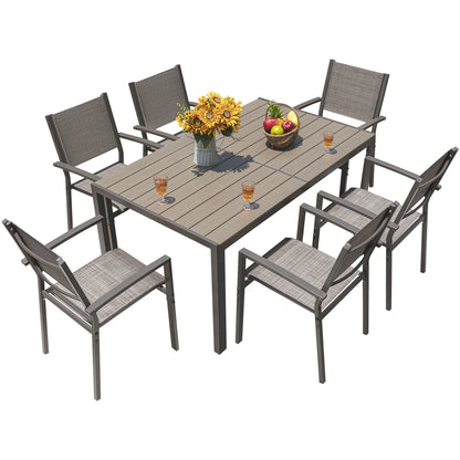 Devoko 7 Pieces Outdoor Dining Set ,Patio Conversation Set Outdoor Furniture Set 6 Stackable Textilene Armchairs with Rectangular Table, Light Gray