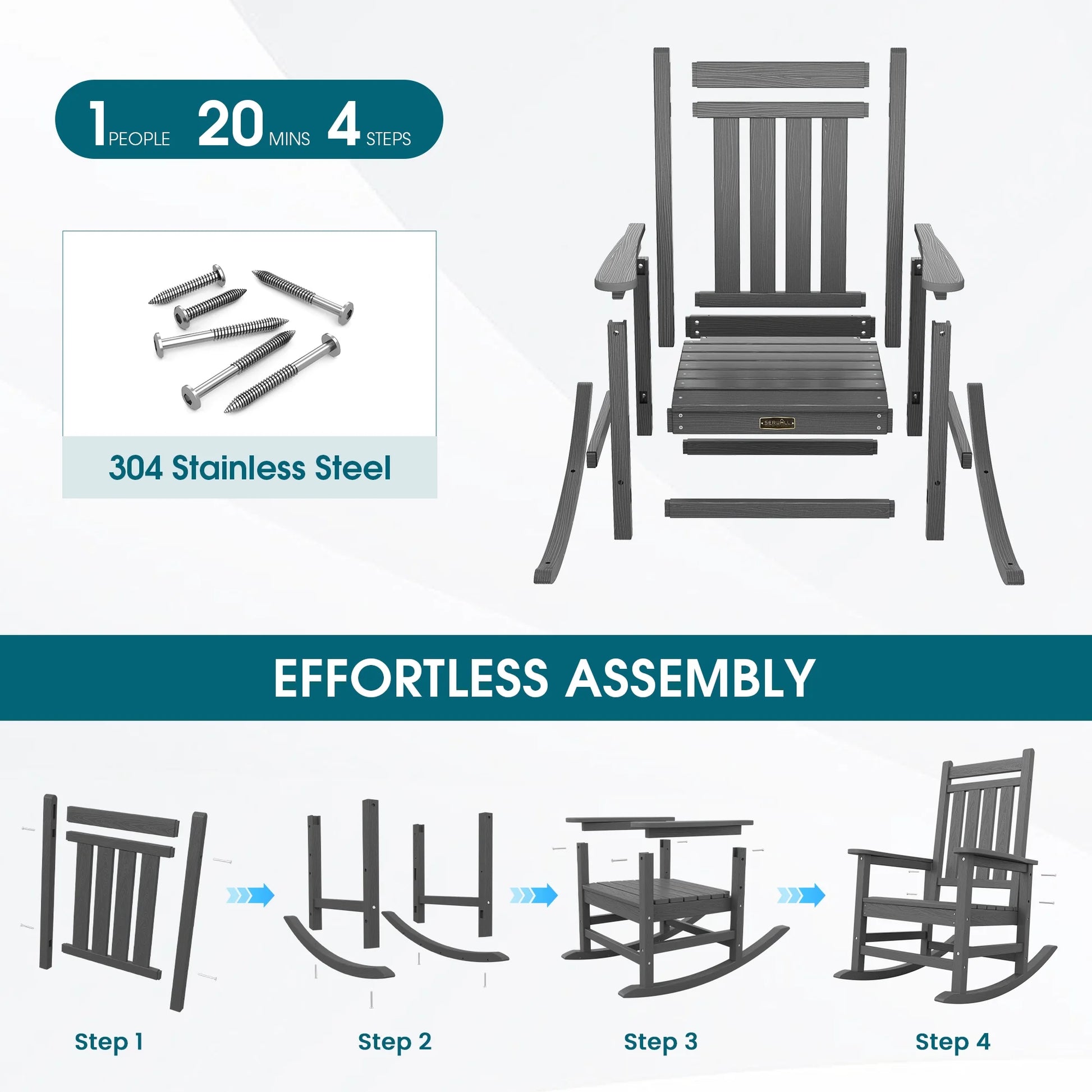 SERWALL Outdoor Rocking Chair, HDPE Patio Rocker for Lawn, Porch, Grey