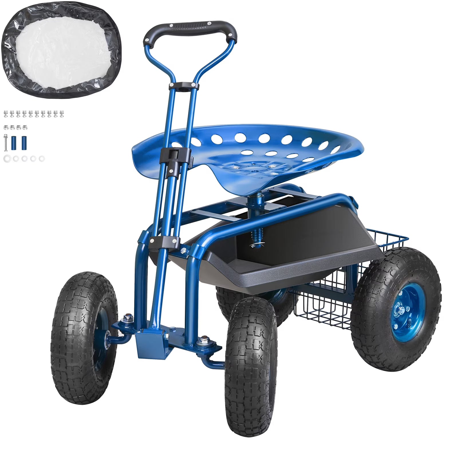 KFFKFF Garden Cart Rolling Workseat with Wheels, Gardening Stool for Planting, 360 Degree Swivel Seat, Wagon Scooter with Steering Handle & Utility Tool Tray, Use for Patio, Yard, and Outdoors