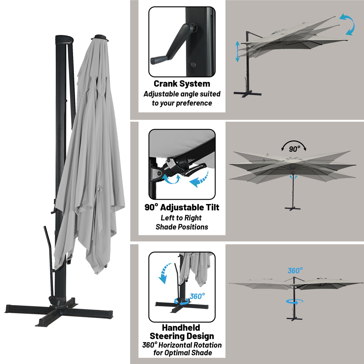 Boyel Living 10 x 13 FT Rectangle Patio Offset Umbrella Outdoor Large Cantilever Umbrella Heavy Duty Sun Umbrella, Gray(Without Base)
