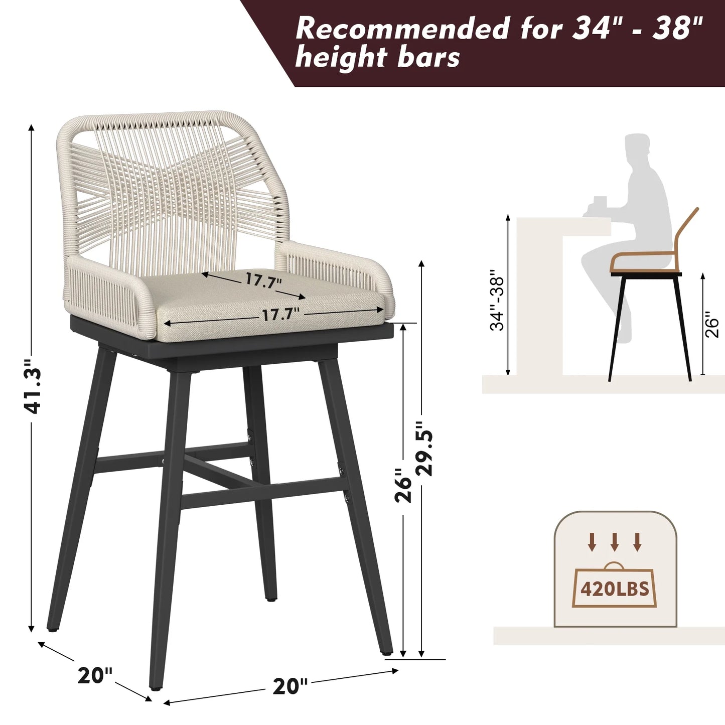 MEISSALIVVE Set of 2 Rattan Swivel Bar Stools, 26" Counter Height with Woven Rope Back, Cushioned Patio Bar Chairs for Kitchen, Garden, Beige