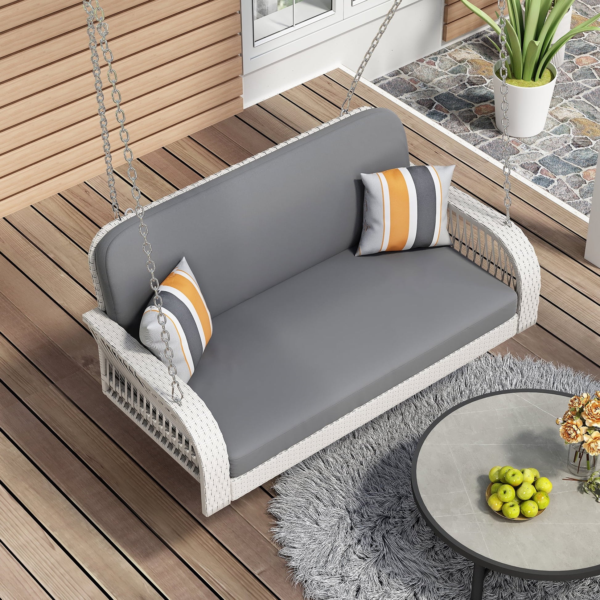 Harper & Bright Designs PE Ratten Porch Swing Chair, 2-Seater Hanging Swing Bench with Chains, All Weather Design Patio Furniture Swing for Backyard Garden Poolside, Grey and White