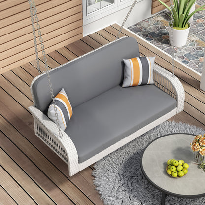 Harper & Bright Designs PE Ratten Porch Swing Chair, 2-Seater Hanging Swing Bench with Chains, All Weather Design Patio Furniture Swing for Backyard Garden Poolside, Grey and White