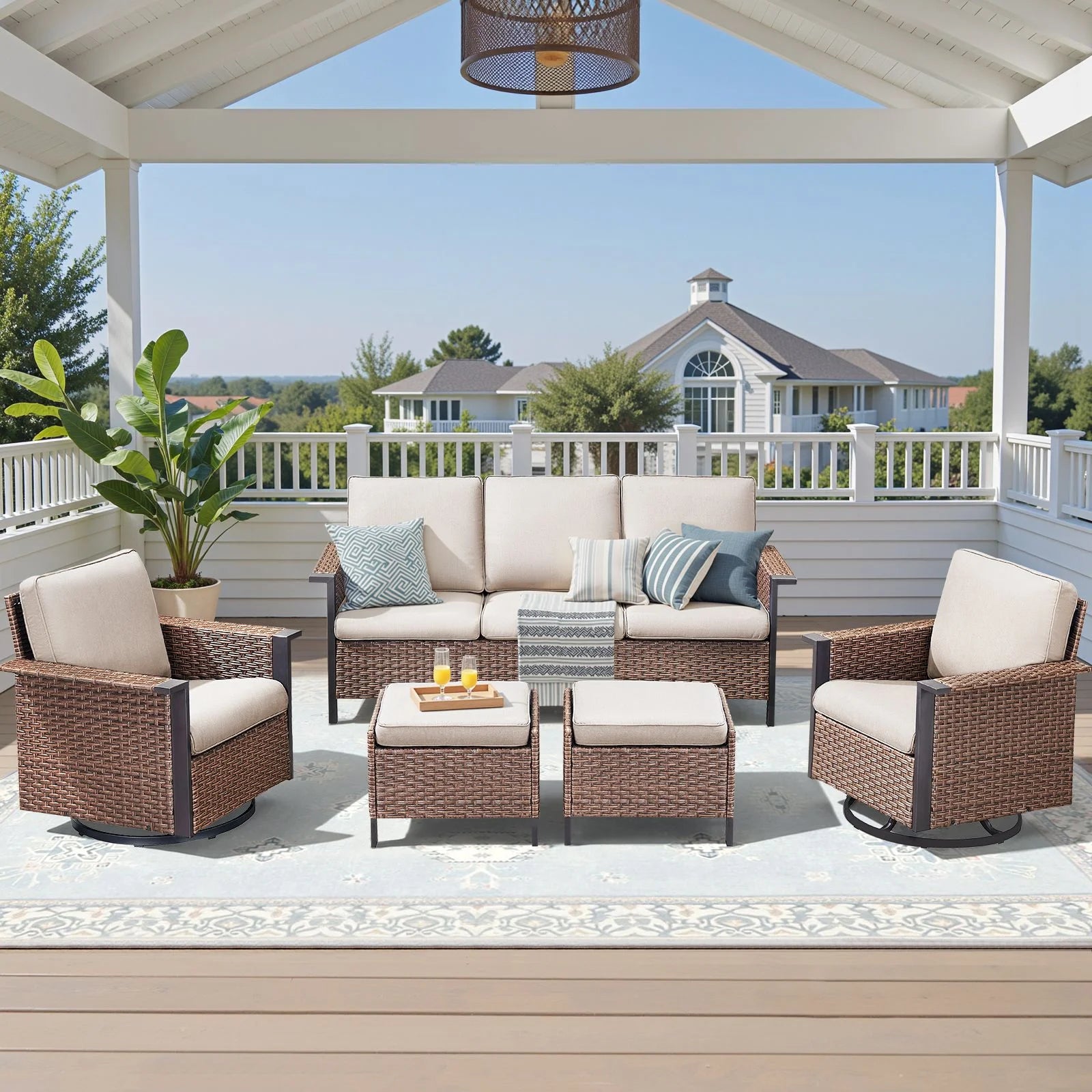 Opohoro 5-Piece Outdoor Conversation Set with Wide Armrest Patio Sofa, Ottomans and Swivel Rocking Chairs for Porch Garden