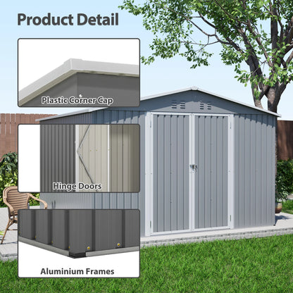 LZBEITEM 10 x 10 ft Outdoor Storage Shed with Floor Frame Kit, Galvanized Steel Garden Sheds, Garden Tool Shed with Double Lockable Doors for Backyard Patio Lawn, Grey
