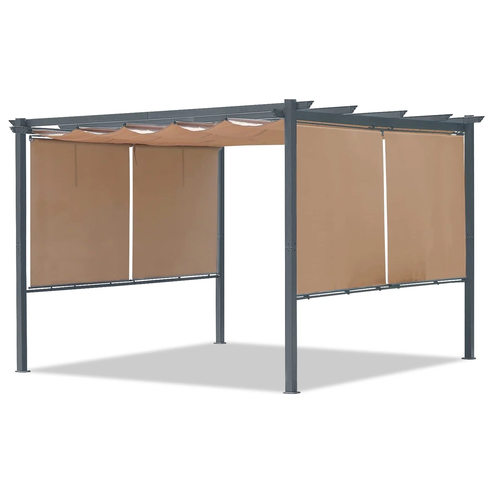 Aoodor 12 x 10 ft Outdoor Pergola with Retractable Shade Canopy, Dark Gray Matte Aluminum Frame, 4 Pieces Roller Shade Curtain, Grape Trellis Pergola for Patio Backyard -Dark Brown