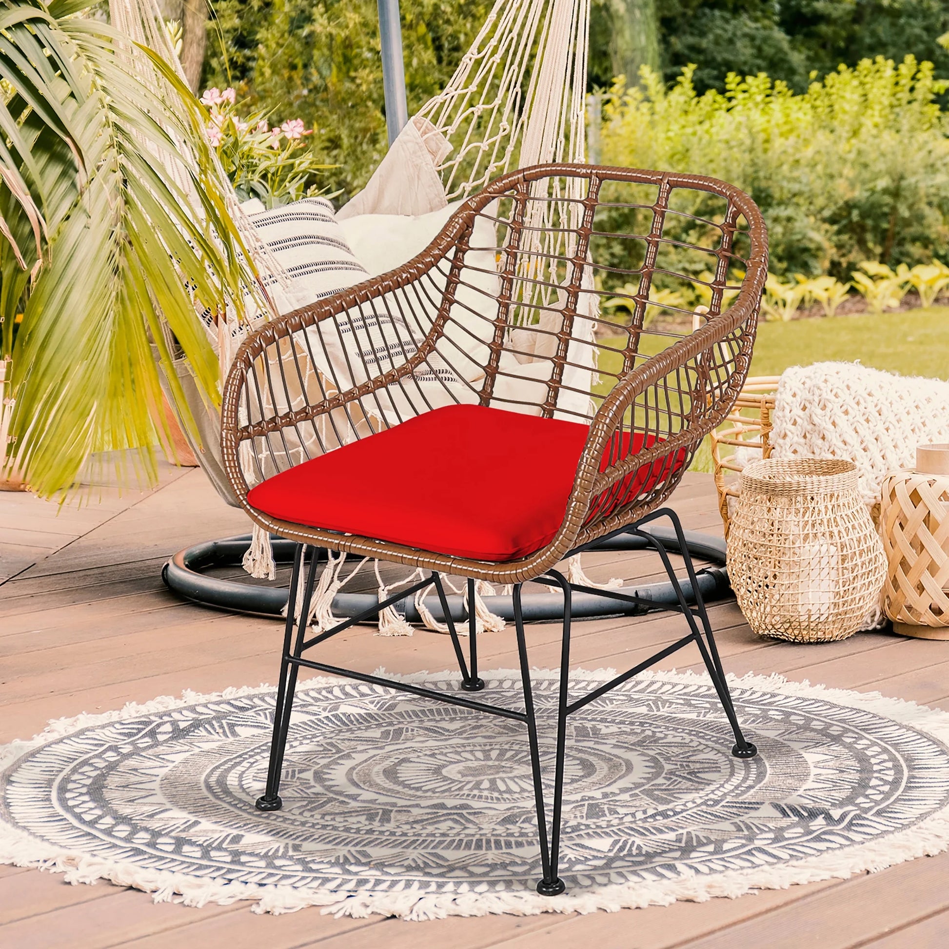 Costway 3PCS Patio Rattan Bistro Set Coffee Table Armchair Garden Red Cushion