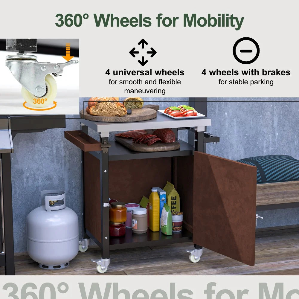 IVV BBQ Grill Storage Cart/Bin, Outdoor Storage Cabinet on Wheels, Metal Kitchen Dining Table Cooking Prep Table with Wheels, Hooks, and Spice Rack, for Patio Island Home Party Bar (Brown)