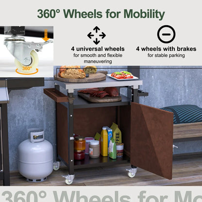IVV BBQ Grill Storage Cart/Bin, Outdoor Storage Cabinet on Wheels, Metal Kitchen Dining Table Cooking Prep Table with Wheels, Hooks, and Spice Rack, for Patio Island Home Party Bar (Brown)
