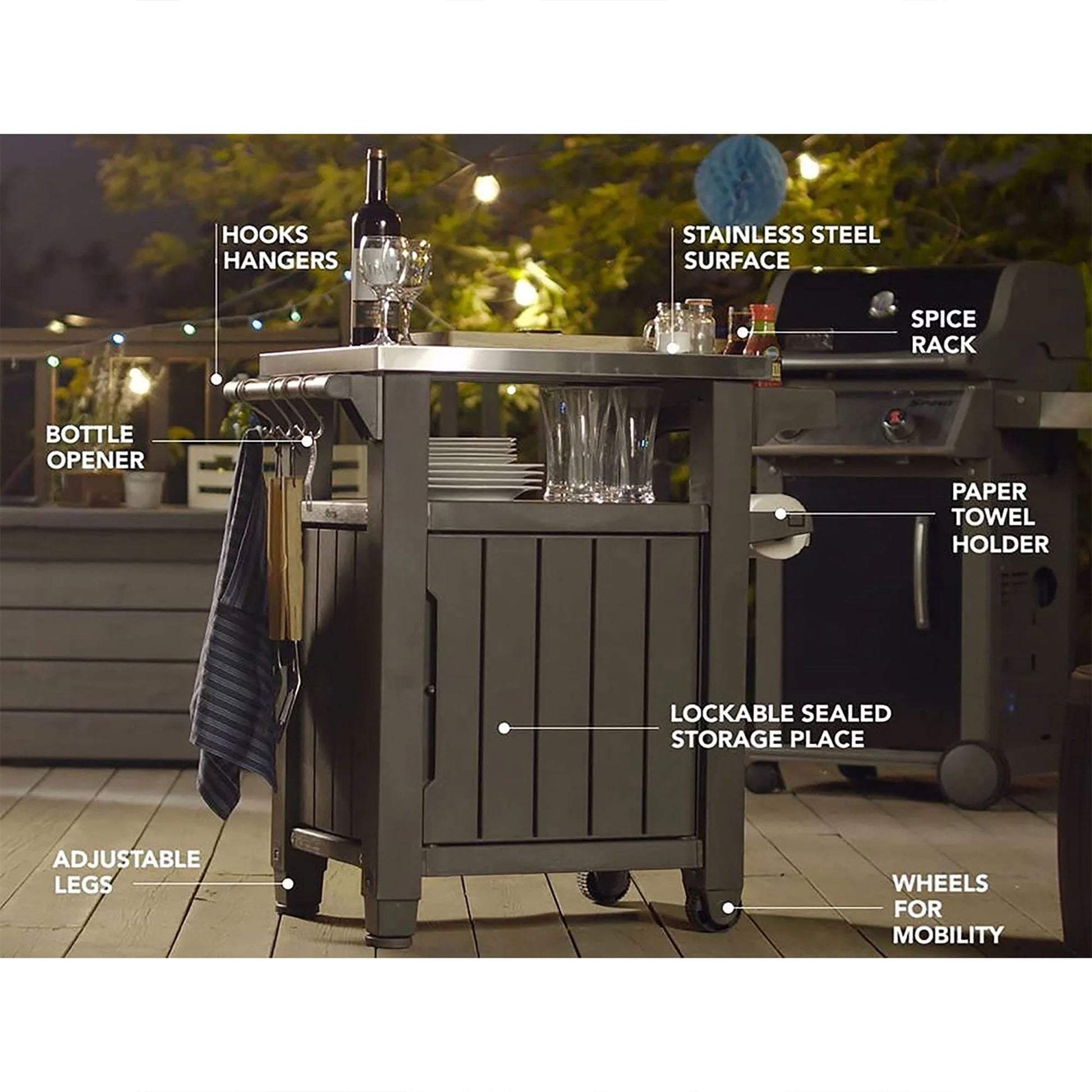 Keter Unity 40 Gal Patio Storage Grilling Bar Cart w/Stainless Top, Brown