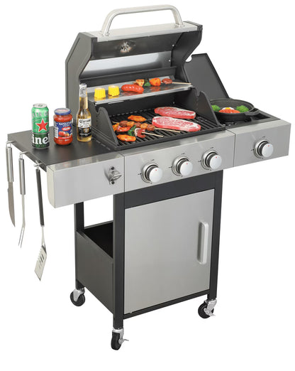 HighSound 3 Burner BBQ Propane Gas Grill, Stainless Steel 25650 BTU Patio Garden Barbecue Grill with Wire Enamel Cooking Grids & Foldable Shelves, Black