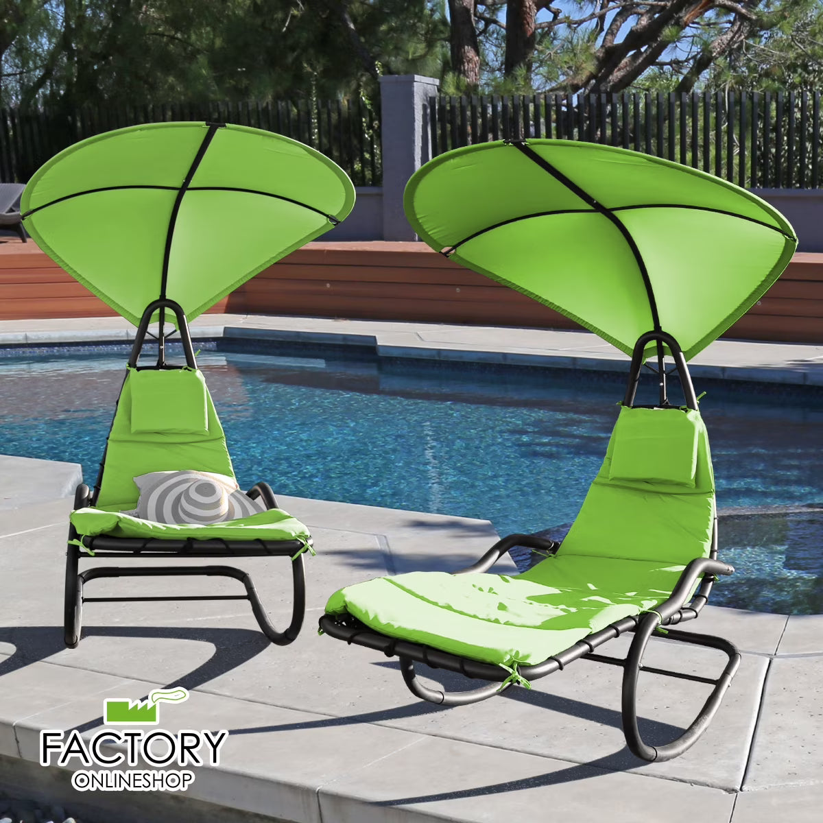 2X Rocking Hanging Lounge Chair - Curved Chaise Rocking Lounge Chair Swing For Backyard Patio w/Built-in Pillow Removable Canopy with stand {Green}