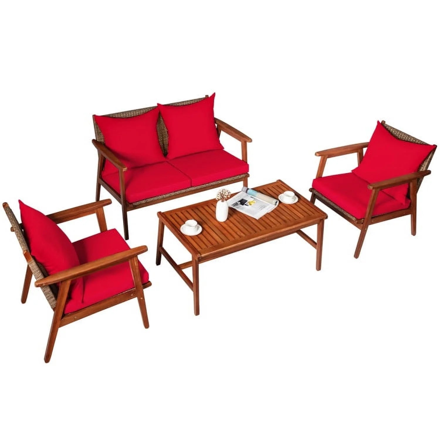 Barara King Outdoor Collection Set, Patio Conversation Table Chair Set, 4 Piece Acacia Wood Patio Rattan Furniture Set-Brown